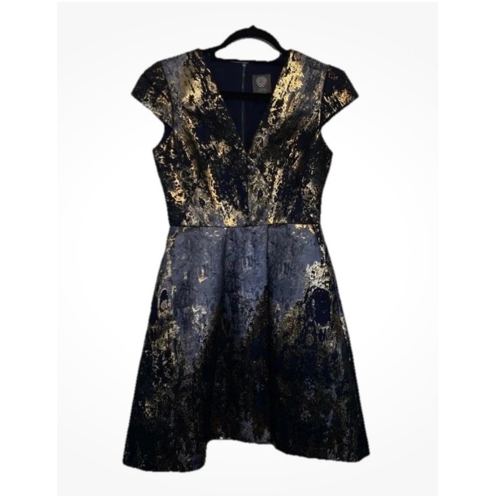 Vince‎ Camuto Gold Navy Metallic Jacquard Fit Flare Cocktail Dress Womens Sz 0